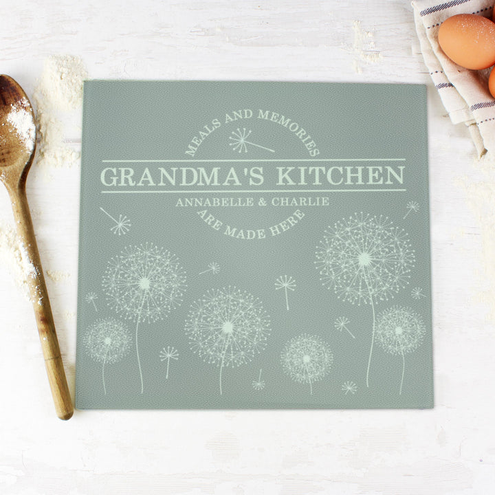 Personalised Dandelion Glass Chopping Board/Worktop Saver – alternative view