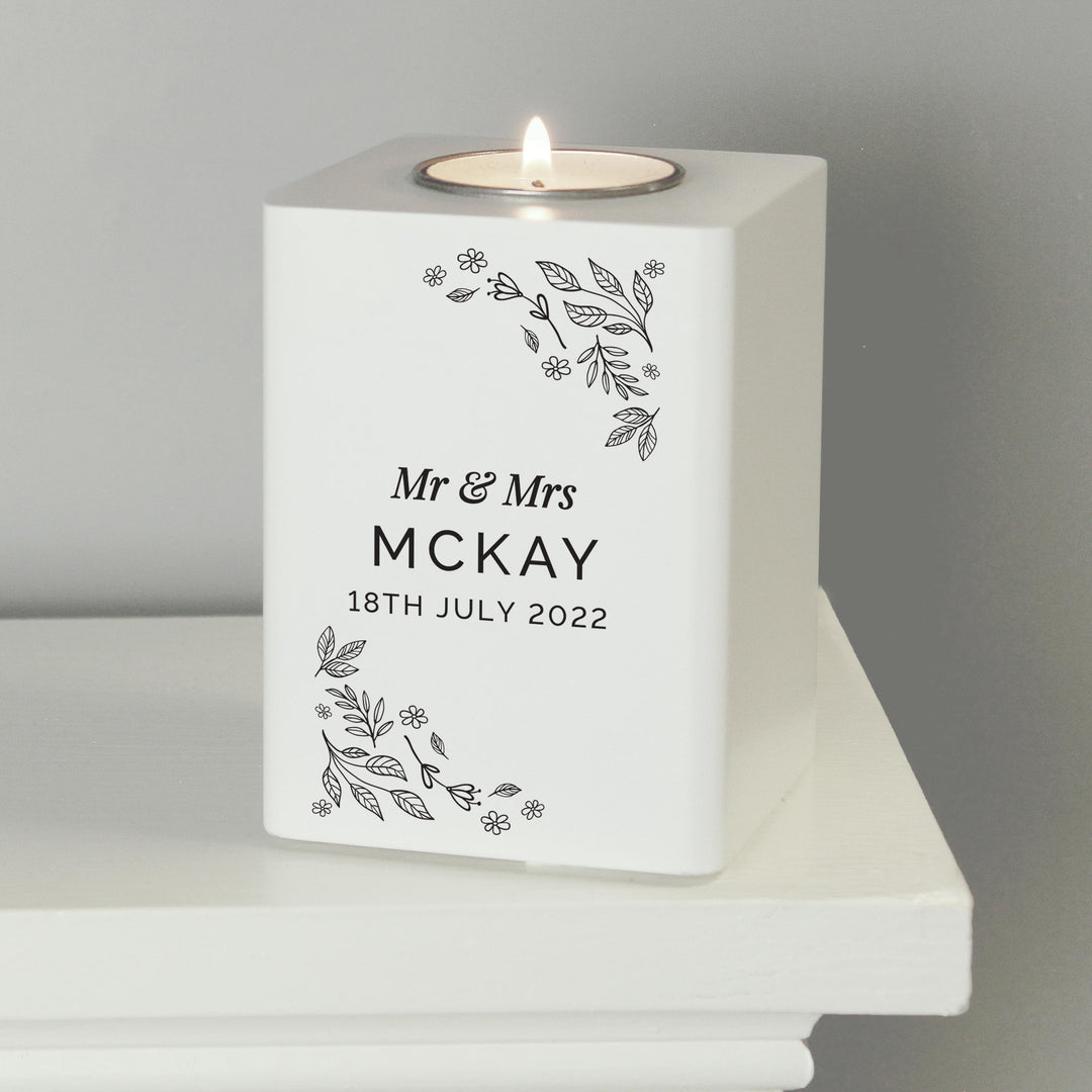 Personalised Floral Leaf White Wooden Tea Light Holder – alternative view
