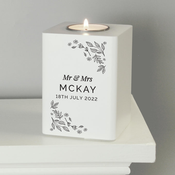 Personalised Floral Leaf White Wooden Tea Light Holder – alternative view
