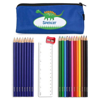 Personalised Memento Stationery & Pens Blue Dinosaur Pencil Case with Personalised Pencils & Crayons