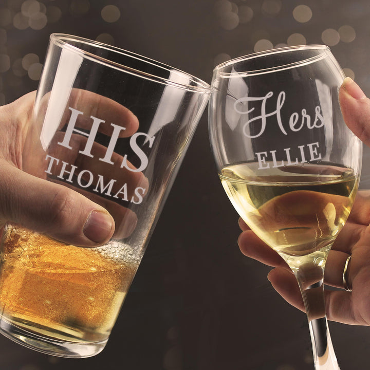Personalised His &amp; Her Pint and Wine Glass Set