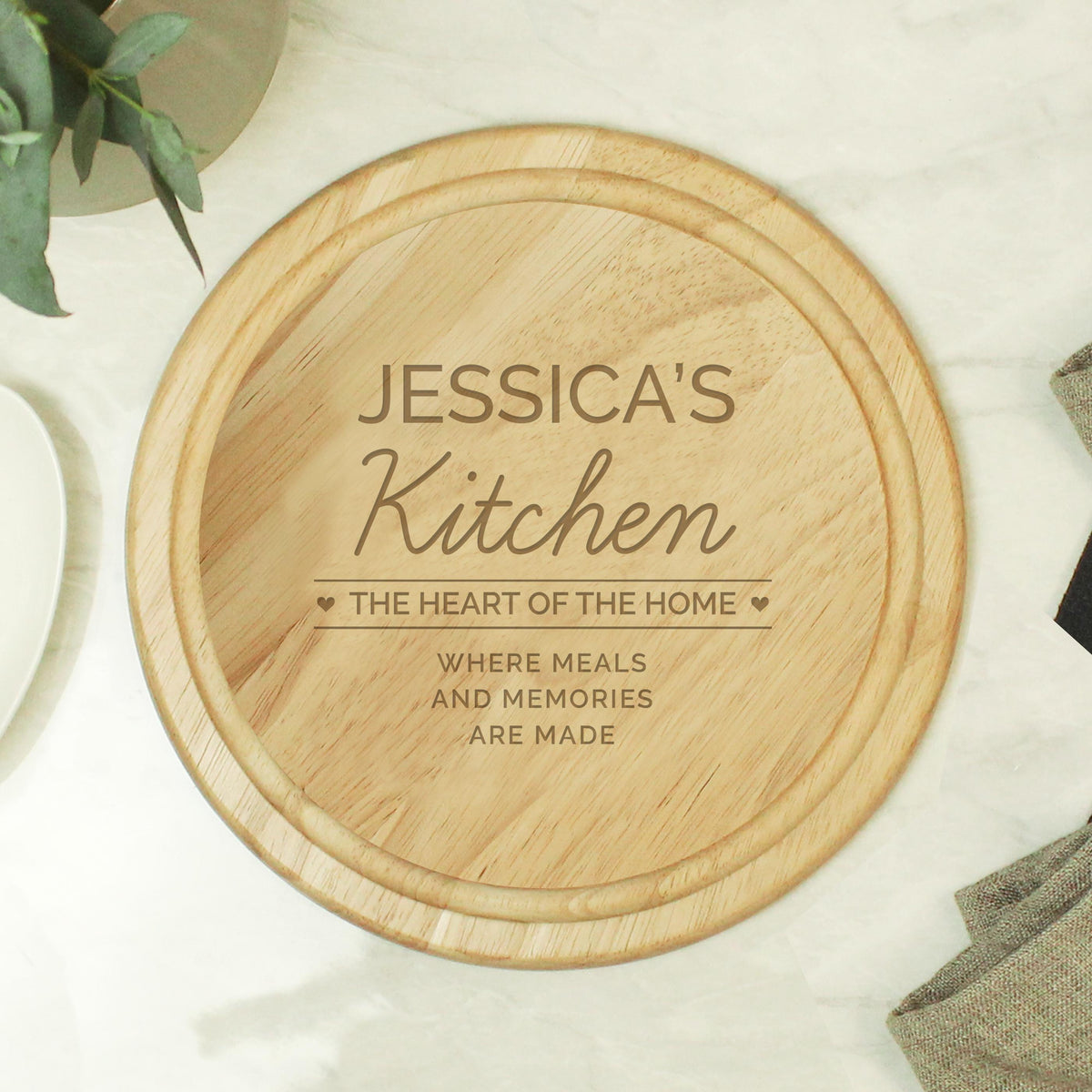 Personalised Heart of the Home Round Wooden Chopping Board, The Personal Shop, personalised gifts