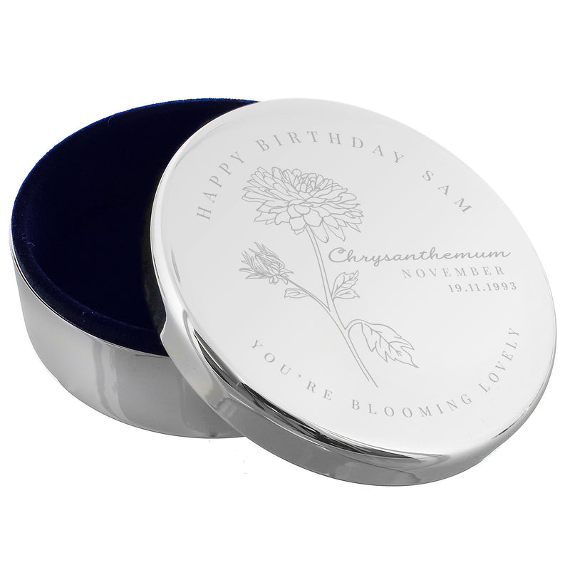 Personalised November Birth Flower Round Trinket Box