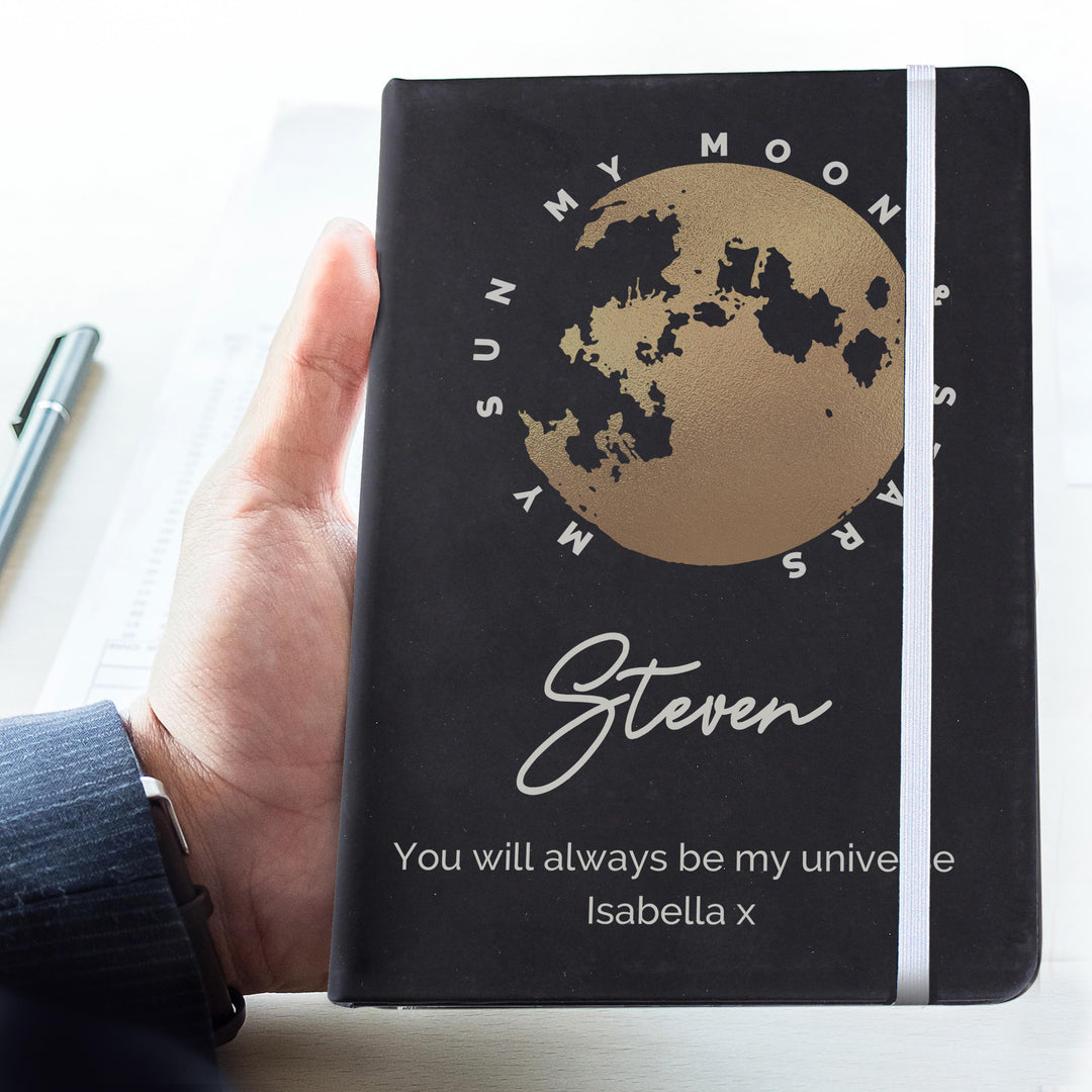 Personalised Moon &amp; Stars Black Hardback Notebook, The Personal Shop, personalised gifts