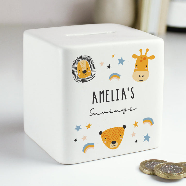 Personalised Scandi Safari Animals Ceramic Square Money Box – alternative view