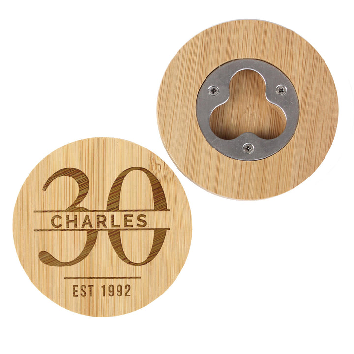 Personalised Big Age Bamboo Bottle Opener Coaster, The Personal Shop, personalised gifts