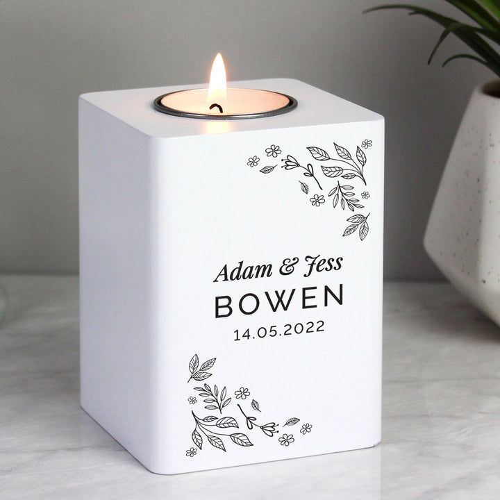 Personalised Floral Leaf White Wooden Tea Light Holder – alternative view