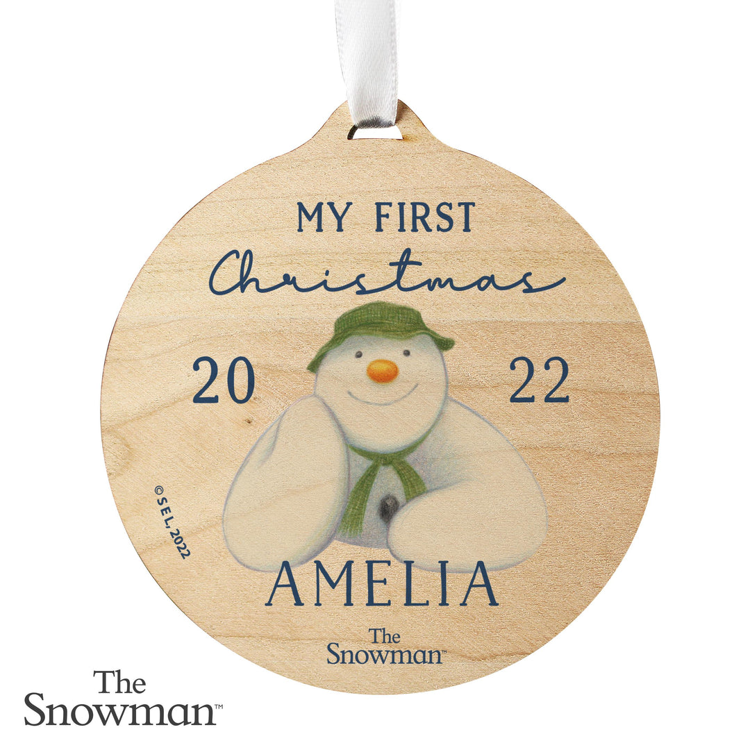 Personalised The Snowman My First Christmas Round Wooden Decoration, The Personal Shop, personalised gifts