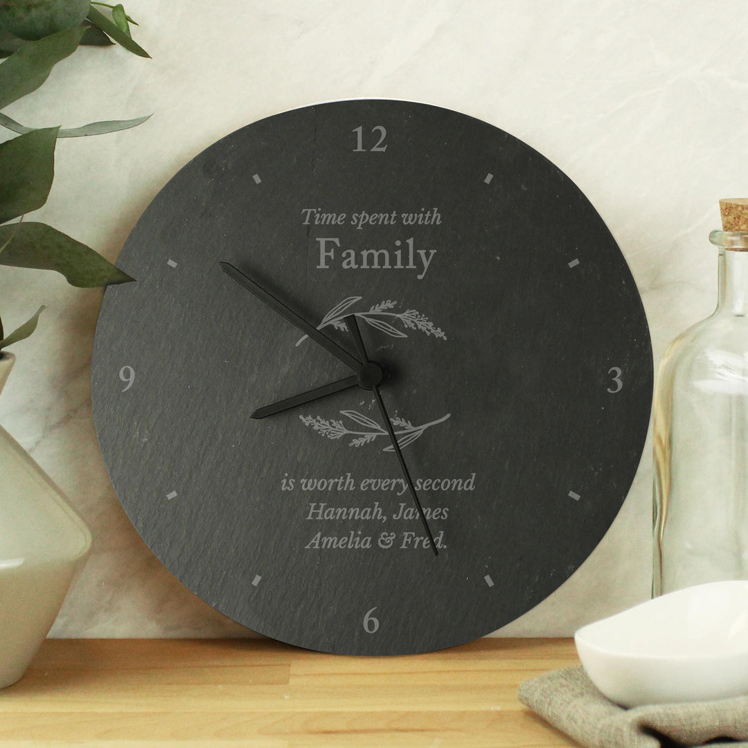 Personalised Free Text Botanical Slate Clock, The Personal Shop, personalised gifts