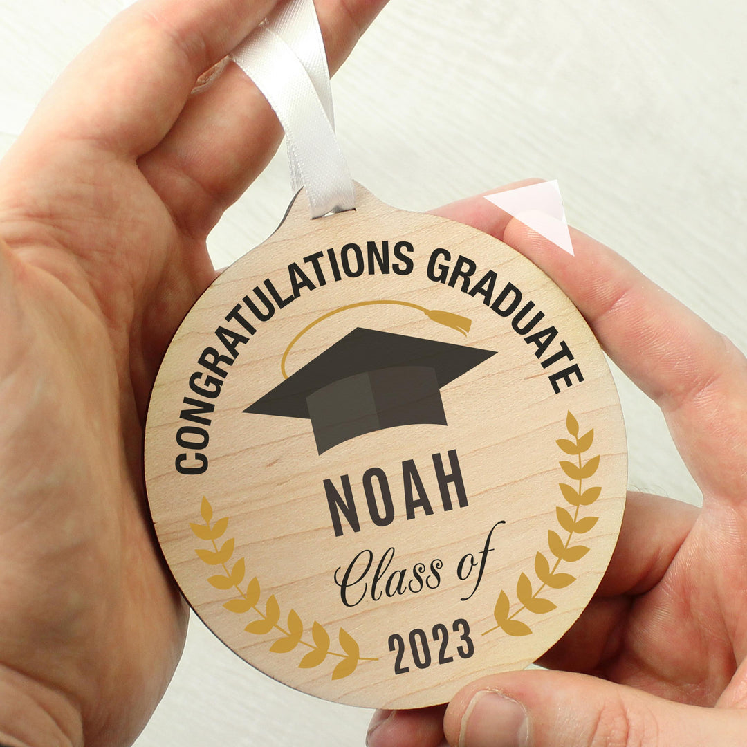 Personalised Graduation Round Wooden Decoration, The Personal Shop, personalised gifts