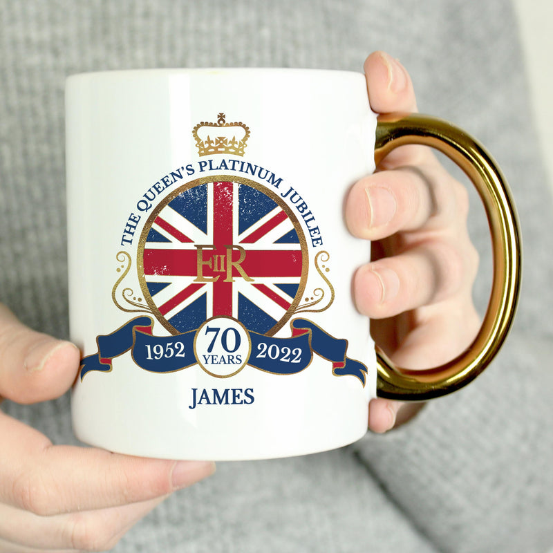 Personalised Union Jack Platinum Jubilee Gold Handled Mug