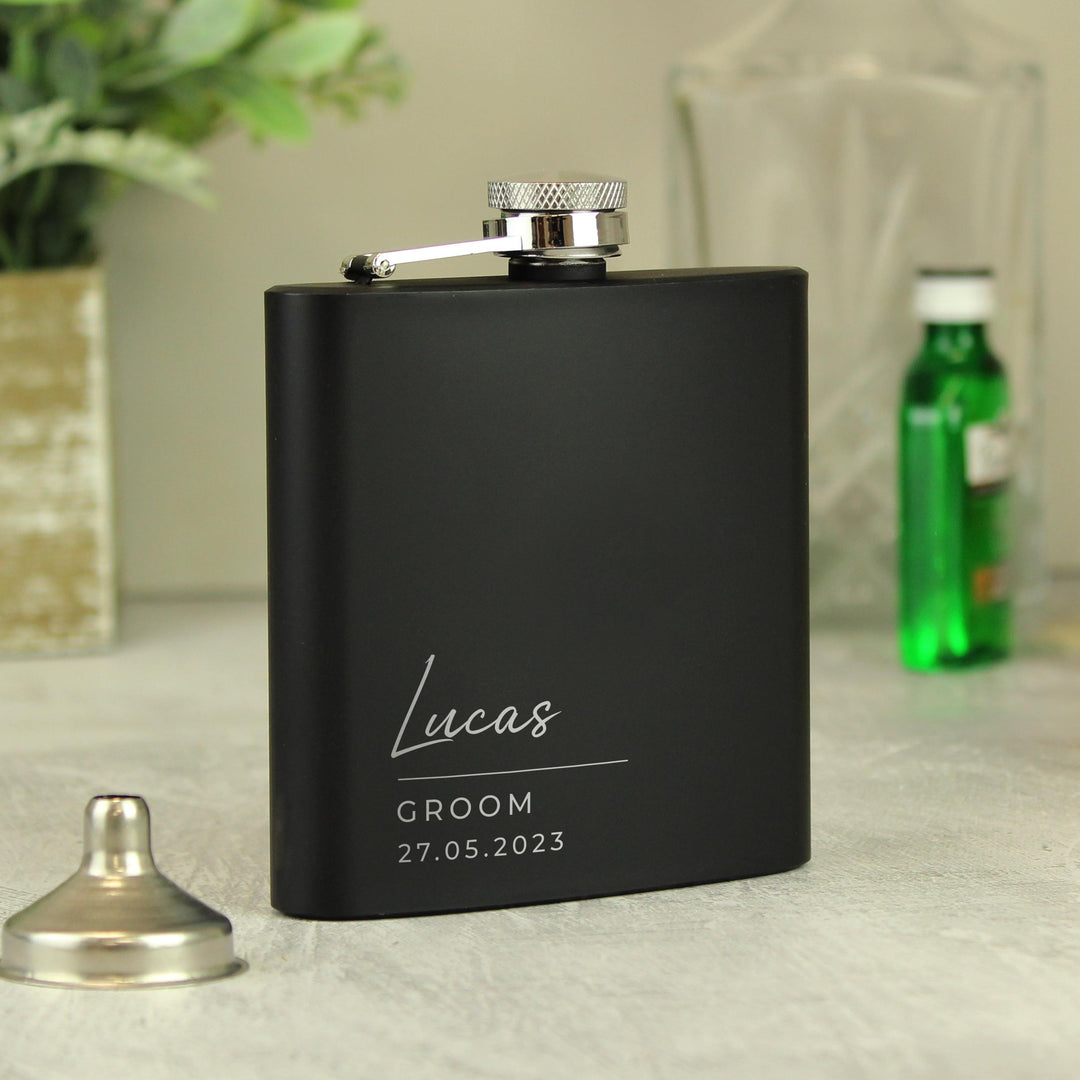 Personalised Free Text Wedding Party Black Hip Flask, The Personal Shop, personalised gifts