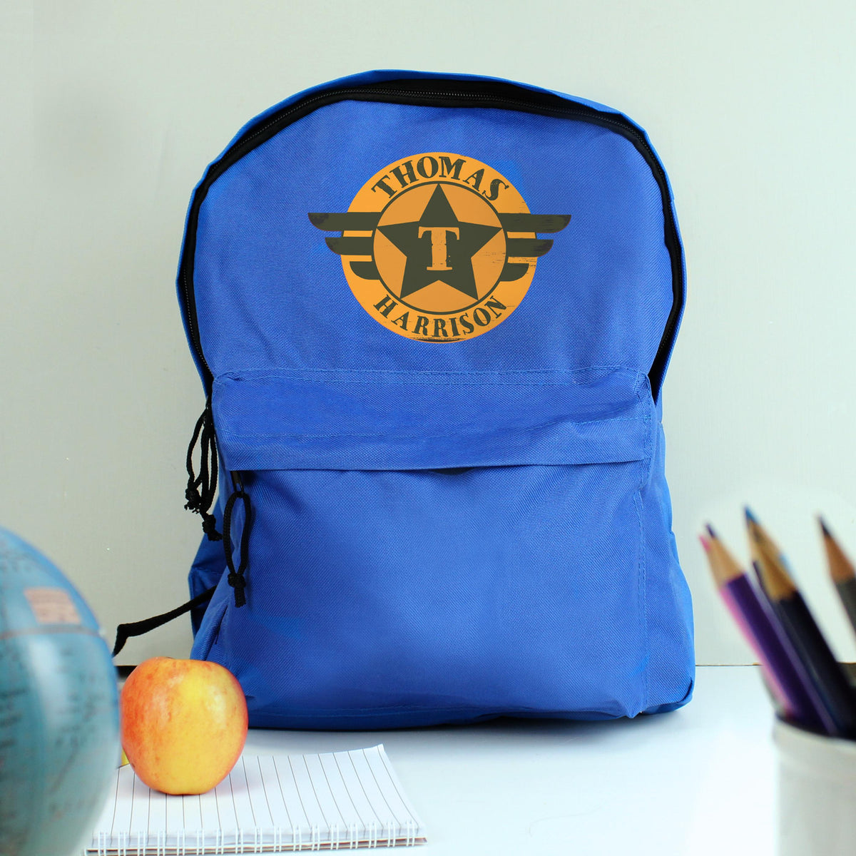 Personalised Badge Blue Backpack, The Personal Shop, personalised gifts