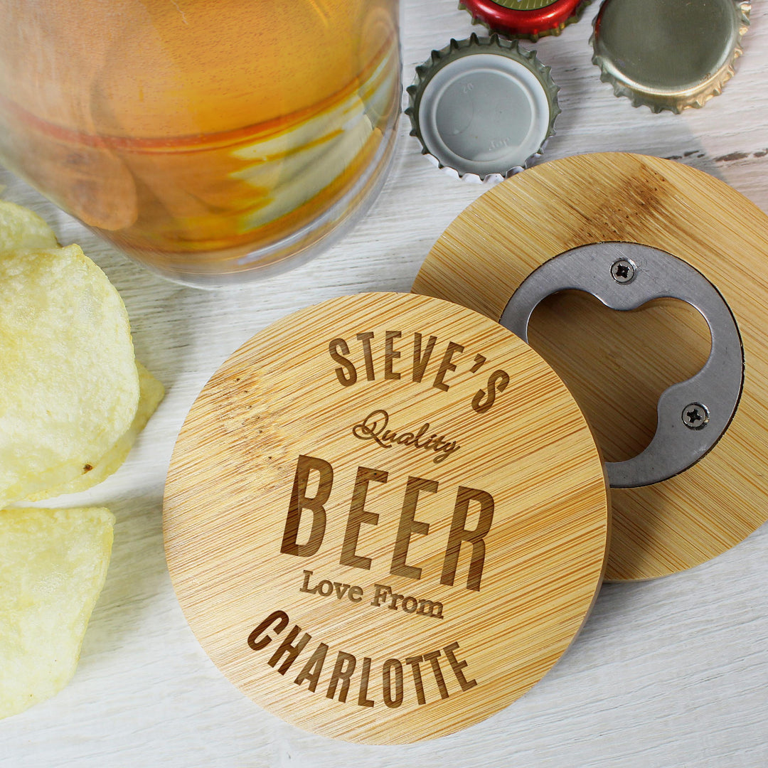 Personalised Free Text Bamboo Bottle Opener Coaster – alternative view