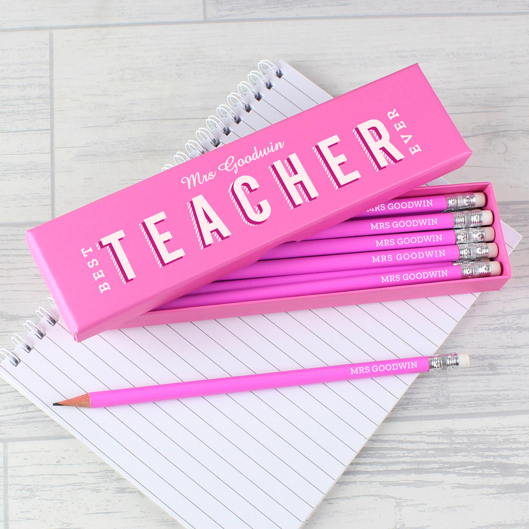 Personalised Best Teacher Ever Box and 12 Pink HB Pencils – alternative view