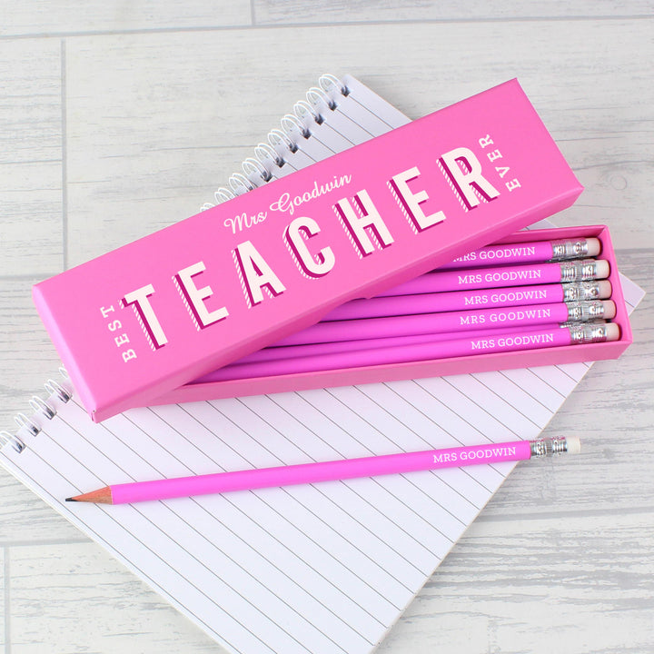 Personalised Best Teacher Ever Box and 12 Pink HB Pencils – alternative view