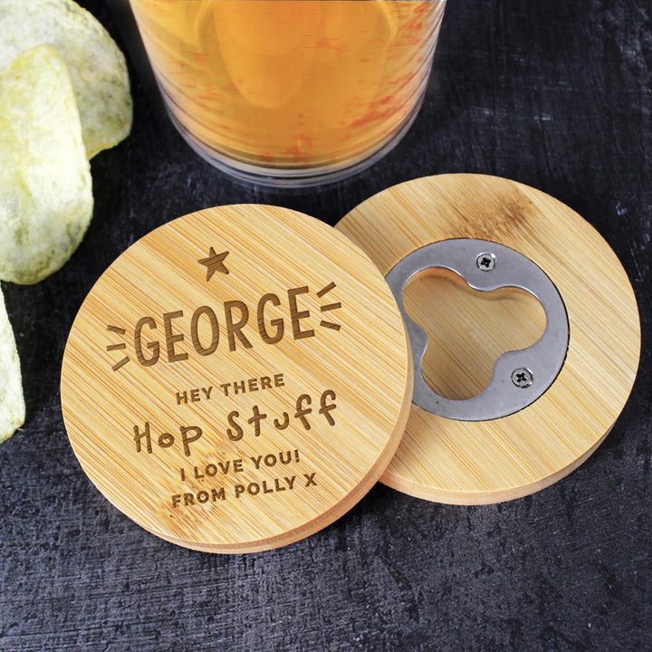 Personalised Star Bamboo Bottle Opener Coaster – alternative view
