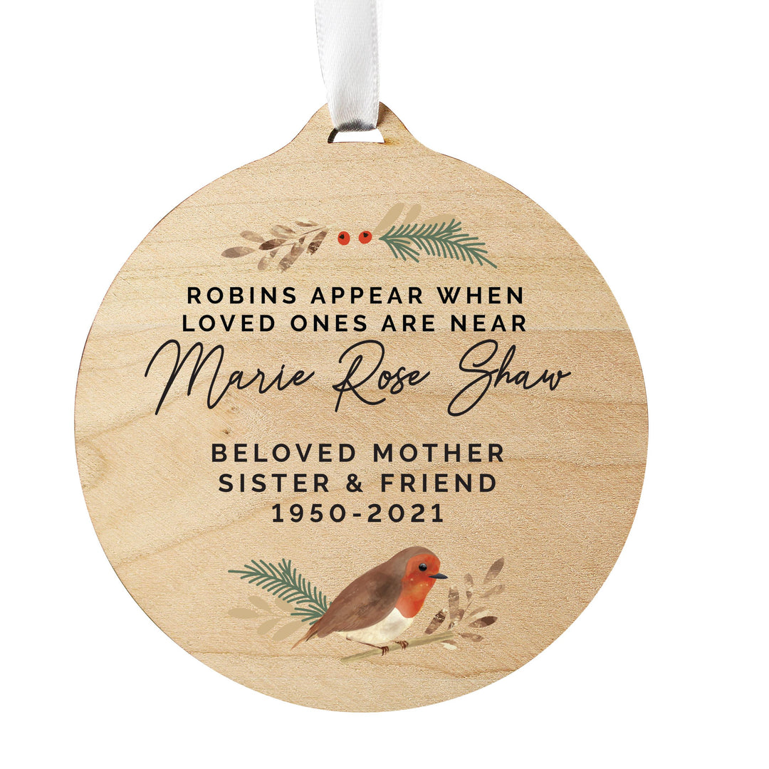 Personalised Robin Memorial Round Wooden Decoration – alternative view