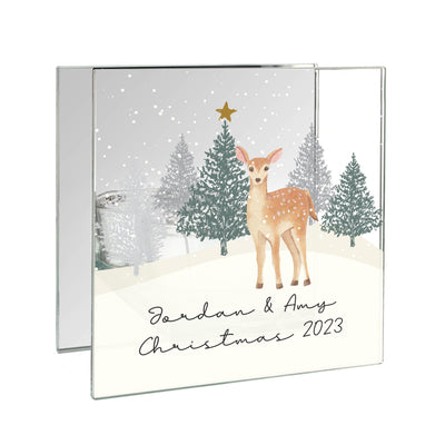 Personalised Christmas Deer Glass Tea Light Candle Holder
