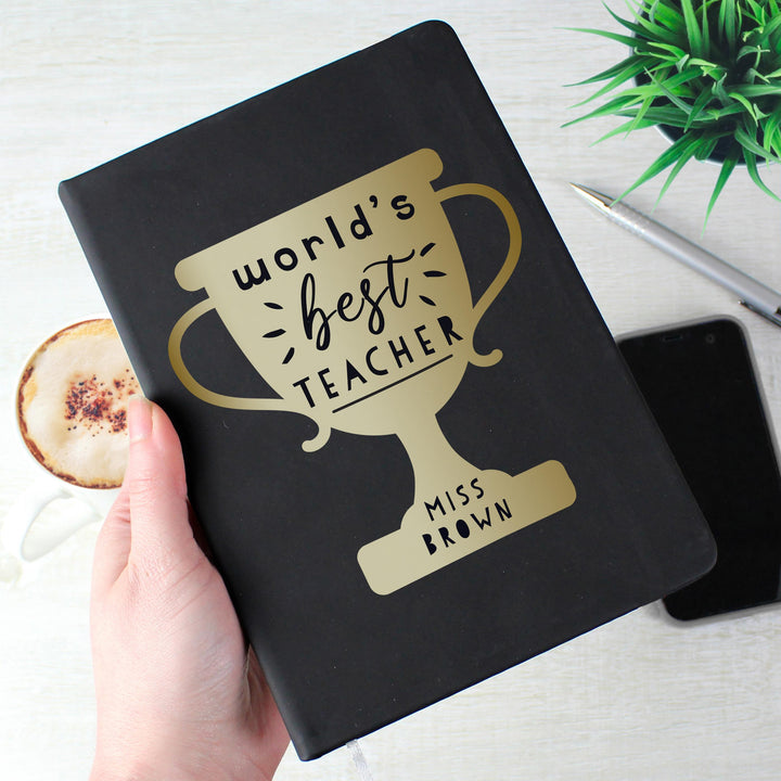 Personalised Worlds Best Teacher Trophy Black Hardback Notebook – alternative view