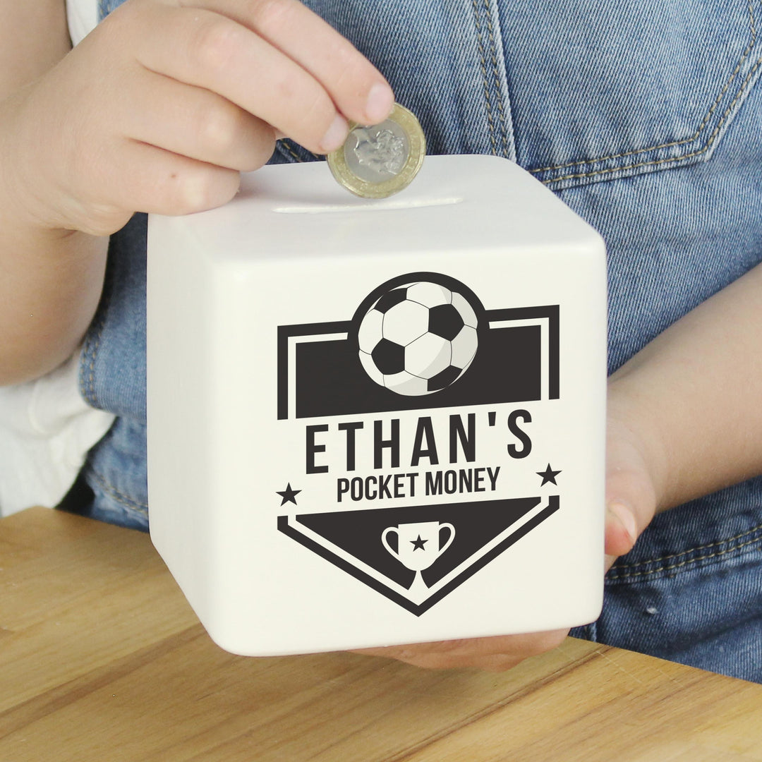 Personalised Football Badge Ceramic Square Money Box – alternative view