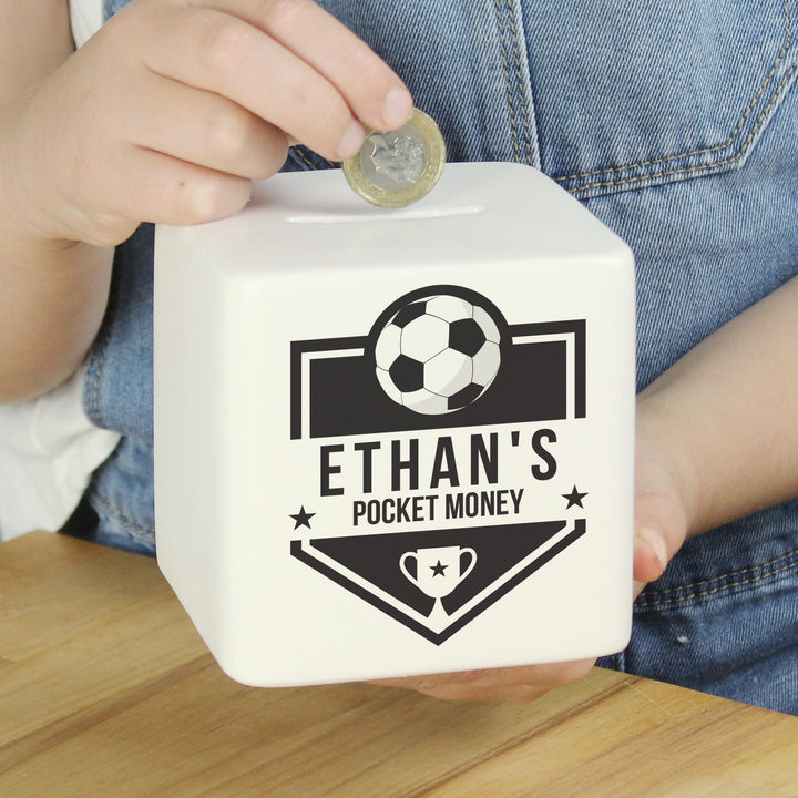 Personalised Football Badge Ceramic Square Money Box – alternative view