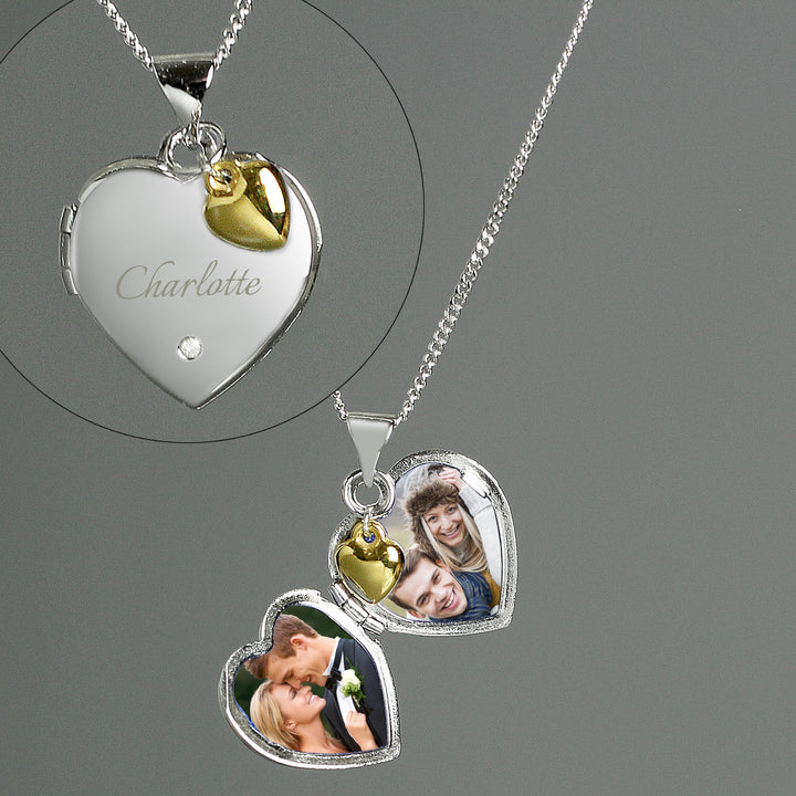 Personalised Sterling Silver Heart Locket Necklace with Diamond and 9ct Gold Charm – alternative view
