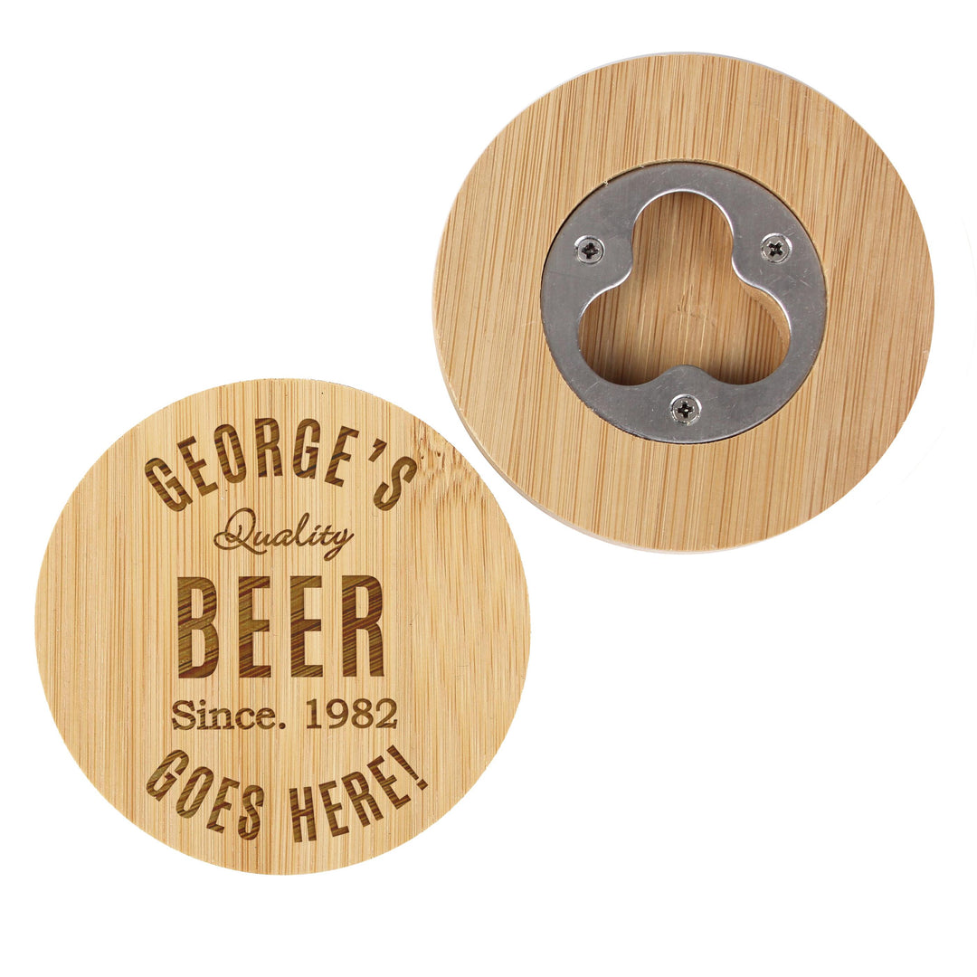Personalised Free Text Bamboo Bottle Opener Coaster – alternative view