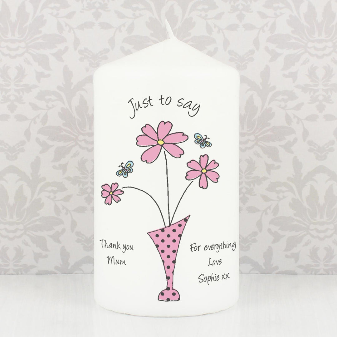 Personalised Flower in Vase Message Pillar Candle, The Personal Shop, personalised gifts