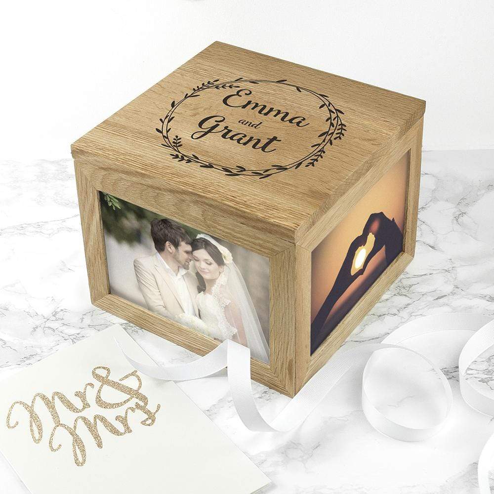 Treat Couple's Oak Photo Keepsake Box With Wreath Design