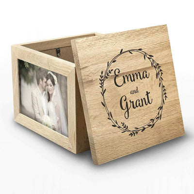 Treat Couple's Oak Photo Keepsake Box With Wreath Design