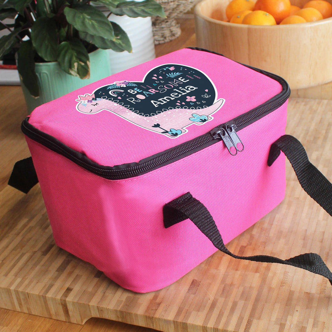 Personalised Dinosaur Pink Lunch Bag, The Personal Shop, personalised gifts