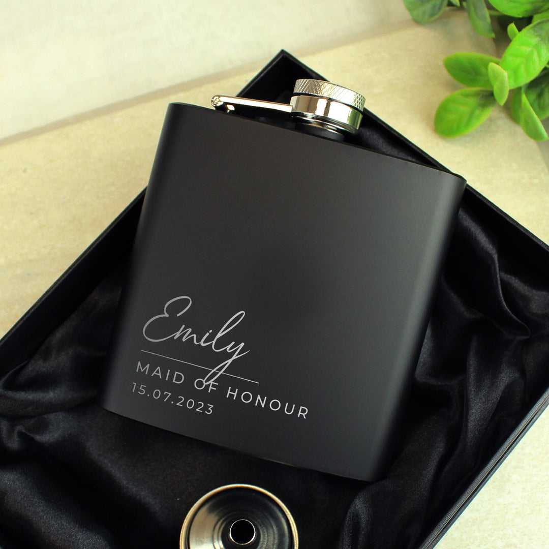 Personalised Free Text Wedding Party Black Hip Flask, The Personal Shop, personalised gifts