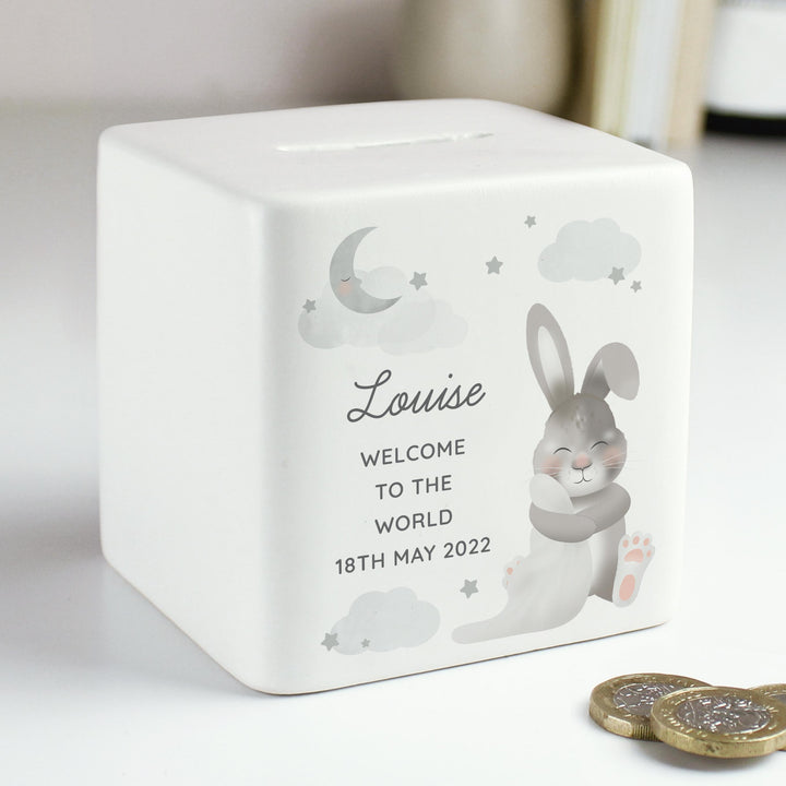 Personalised Baby Bunny Ceramic Square Money Box – alternative view