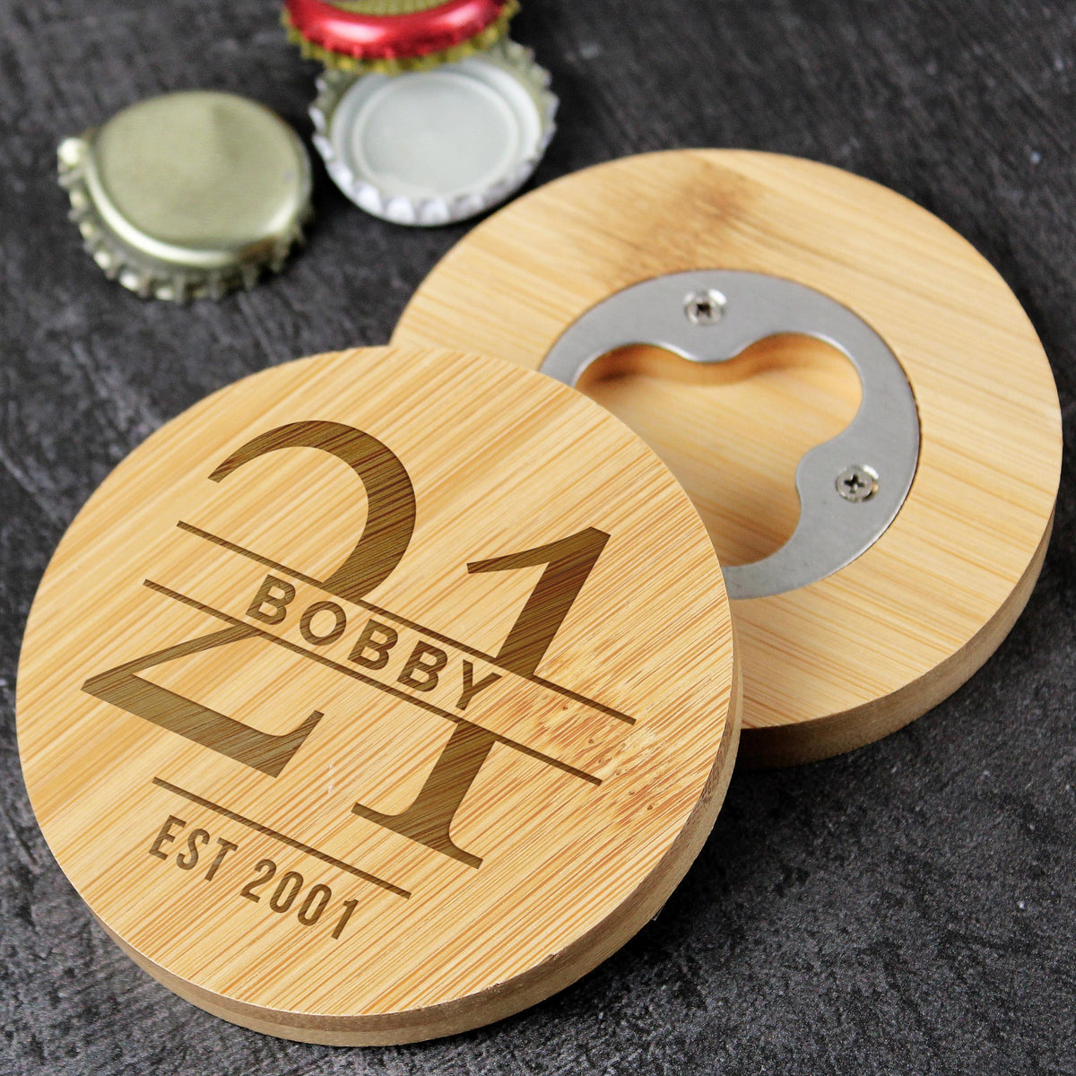 Personalised Big Age Bamboo Bottle Opener Coaster, The Personal Shop, personalised gifts