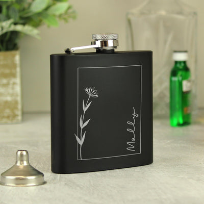 Personalised Monochrome Floral Name Wedding Party Black Hip Flask