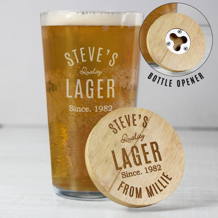 Personalised Free Text Bamboo Bottle Opener Coaster and Pint Glass – alternative view