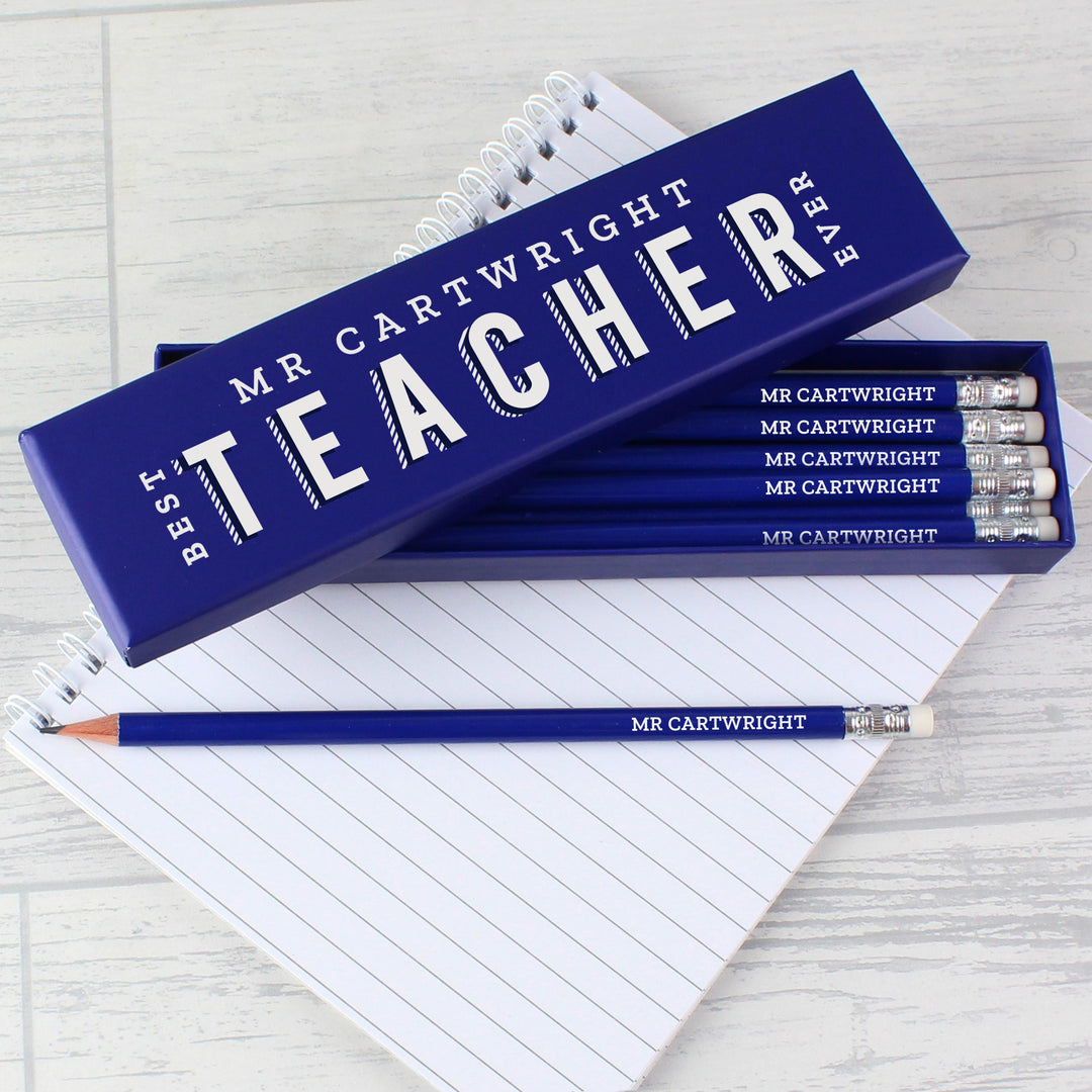 Personalised Best Teacher Ever Box and 12 Blue HB Pencils – alternative view