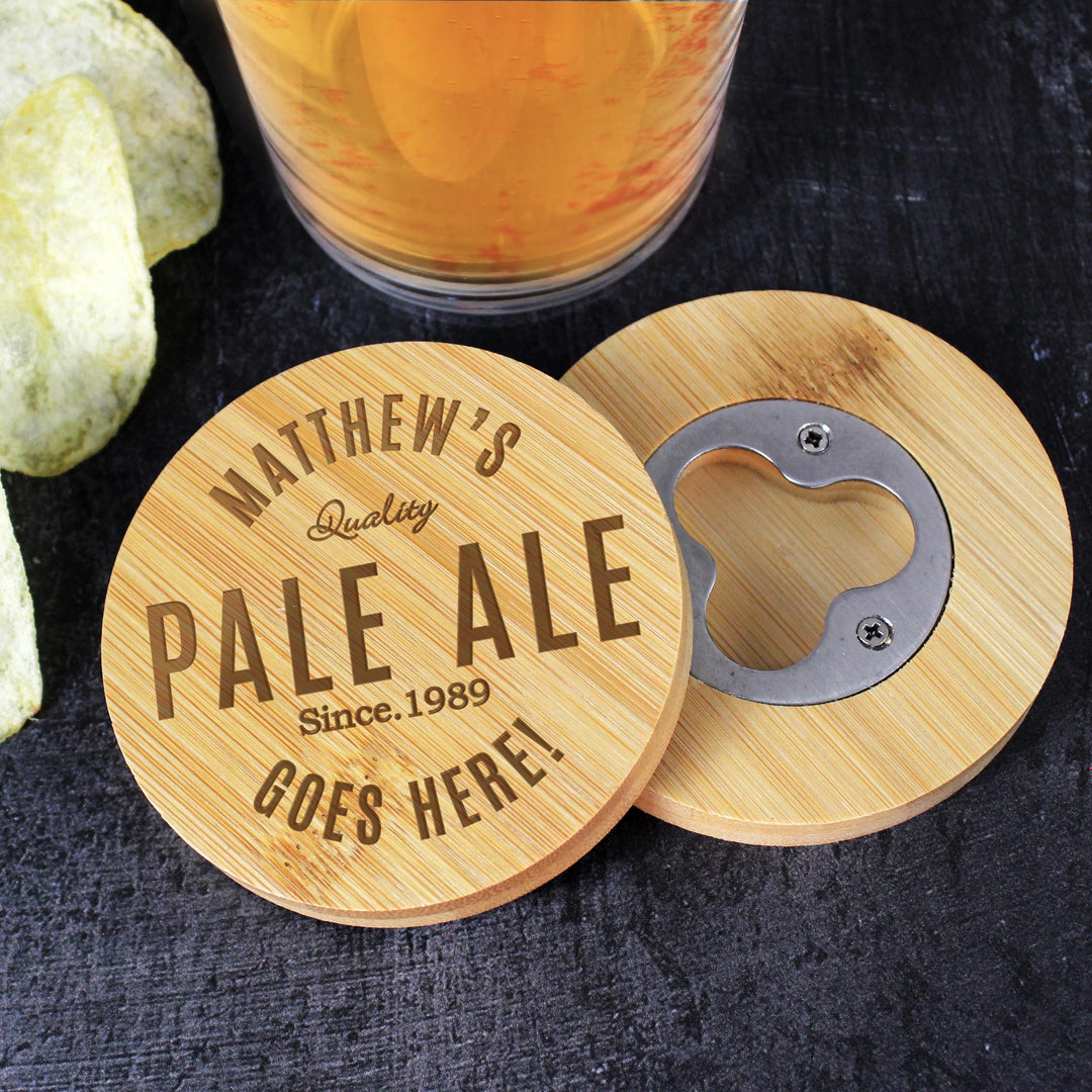 Personalised Free Text Bamboo Bottle Opener Coaster – alternative view