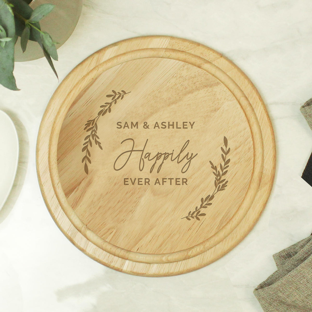 Personalised Laurel Round Wooden Chopping Board – alternative view