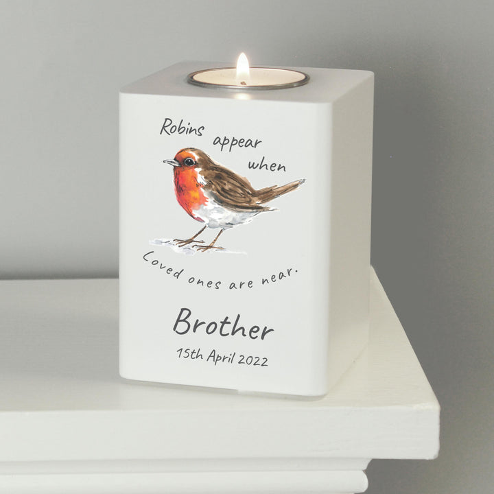 Personalised Robins Appear White Wooden Tea light Holder – alternative view