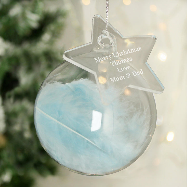 Personalised Free Text Blue Feather Glass Bauble With Star Tag – alternative view
