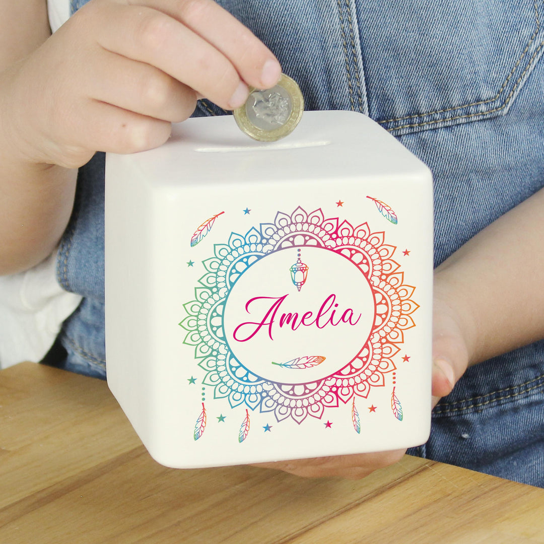Personalised Dreamcatcher Ceramic Square Money Box – alternative view