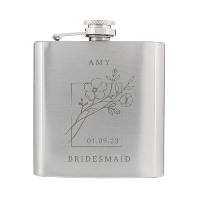 Personalised Monochrome Floral Wedding Party Hip Flask