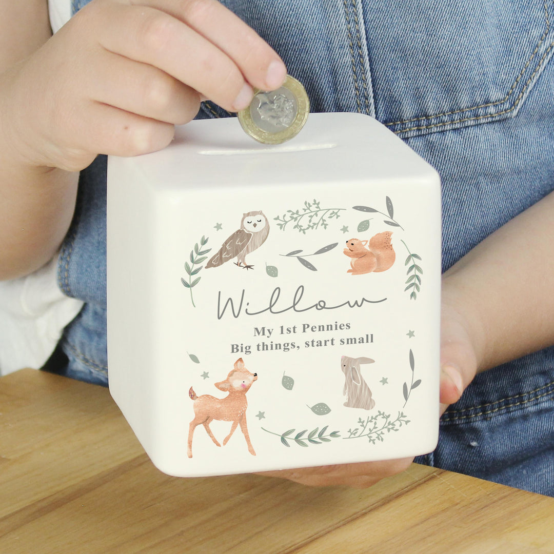 Personalised Woodland Animals Ceramic Square Money Box – alternative view