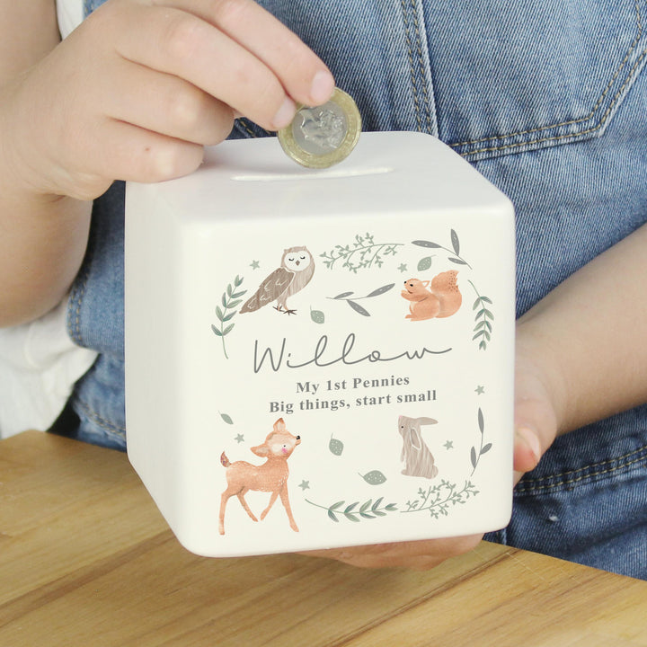 Personalised Woodland Animals Ceramic Square Money Box – alternative view