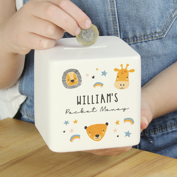 Personalised Scandi Safari Animals Ceramic Square Money Box – alternative view
