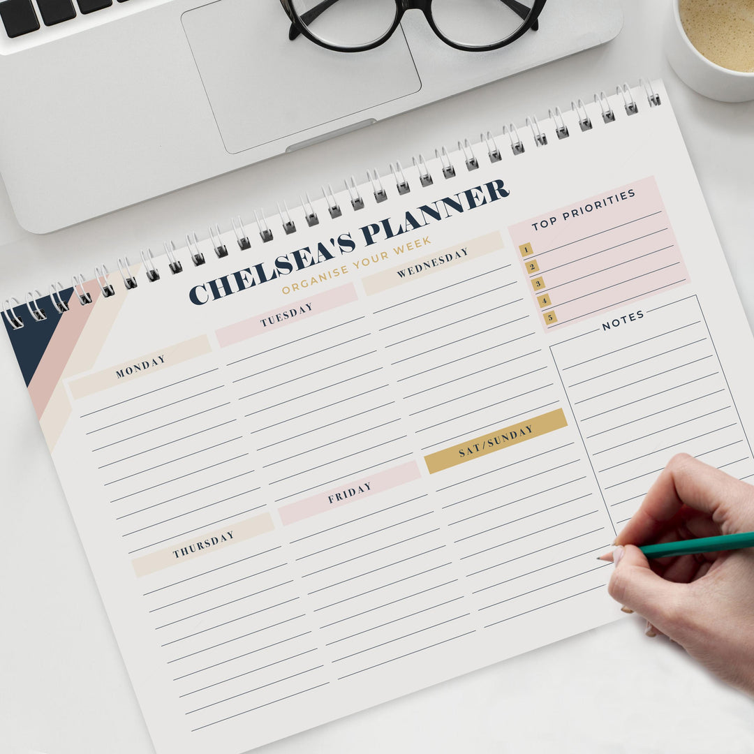 Personalised Free Text Navy &amp; Blush A4 Desk Planner, The Personal Shop, personalised gifts