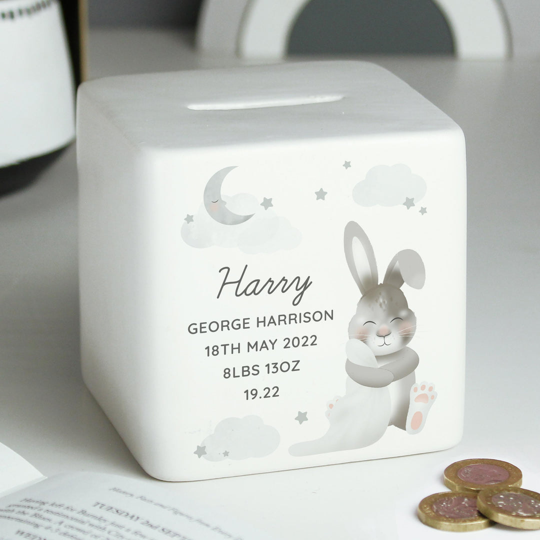 Personalised Baby Bunny Ceramic Square Money Box – alternative view
