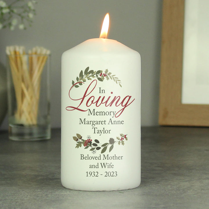 Personalised In Loving Memory Wreath Pillar Candle – alternative view